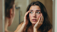 Une personne regarde ses pores et imperfections dans le miroir.