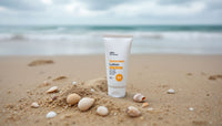 Un tube de crème solaire pour peau sèche ouvert sur une plage avec des coquillages.