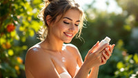 Une personne applique la lotion après-soleil dans un jardin ensoleillé.