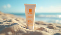 Un tube de crème solaire sans huile sur une plage ensoleillée.