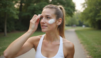 Une femme applique de la crème solaire pendant l'exercice en plein air.