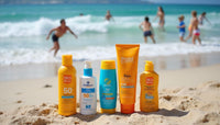 Une collection de produits solaires pour les sports avec une plage animée en arrière-plan.