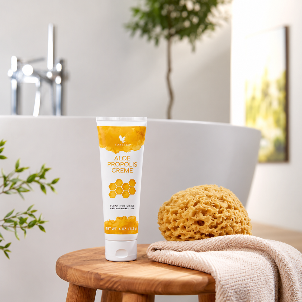 Aloe Propolis Crème Forever Living dans une salle de bain avec propolis naturelle et abeille