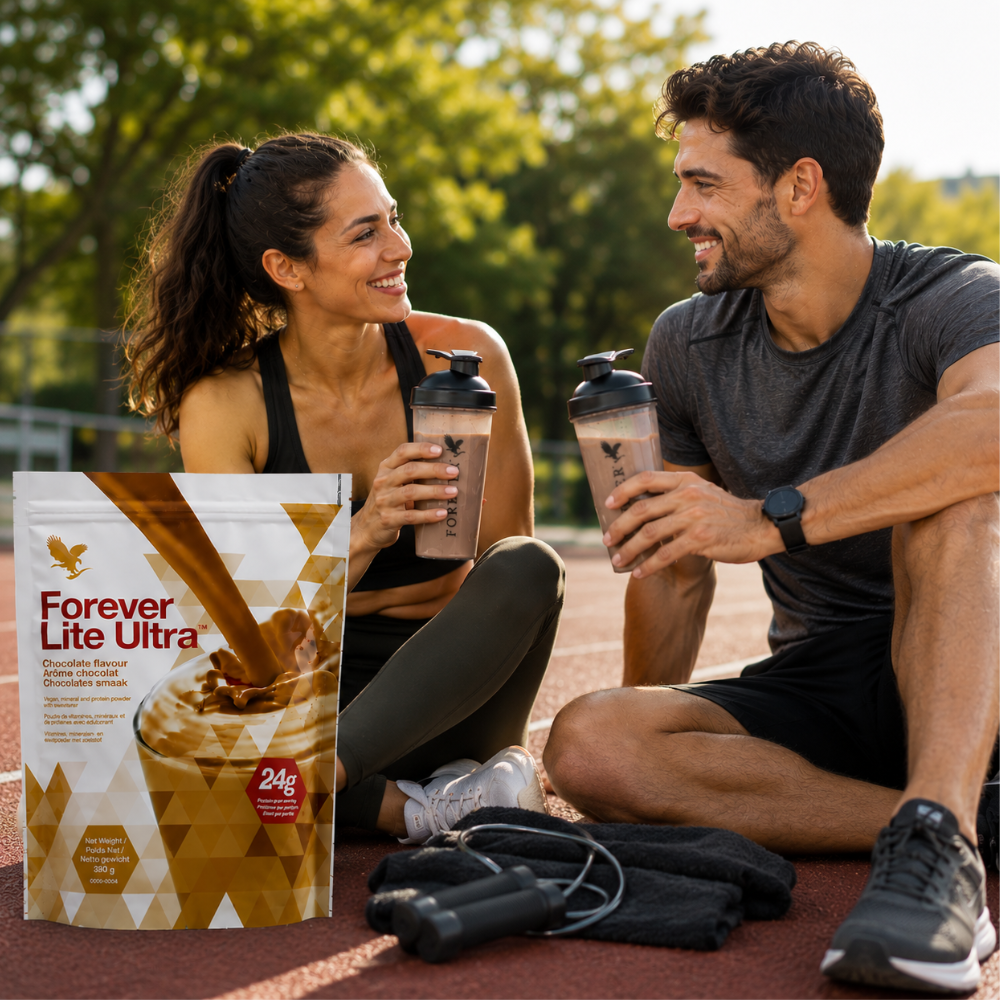 Couple sportif partageant un shake Forever Lite Ultra Chocolat après l'exercice