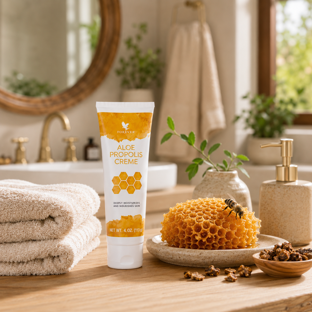 Crème Aloe Propolis Forever Living avec rayon de miel, propolis et serviettes de bain