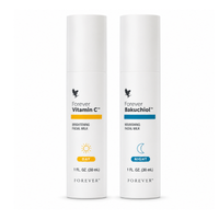 Duo Expert Forever Living avec les sérums Forever Vitamin C™ et Forever Bakuchiol™ pour une routine visage jour et nuit