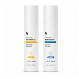 Duo Expert Forever Living avec les sérums Forever Vitamin C™ et Forever Bakuchiol™ pour une routine visage jour et nuit