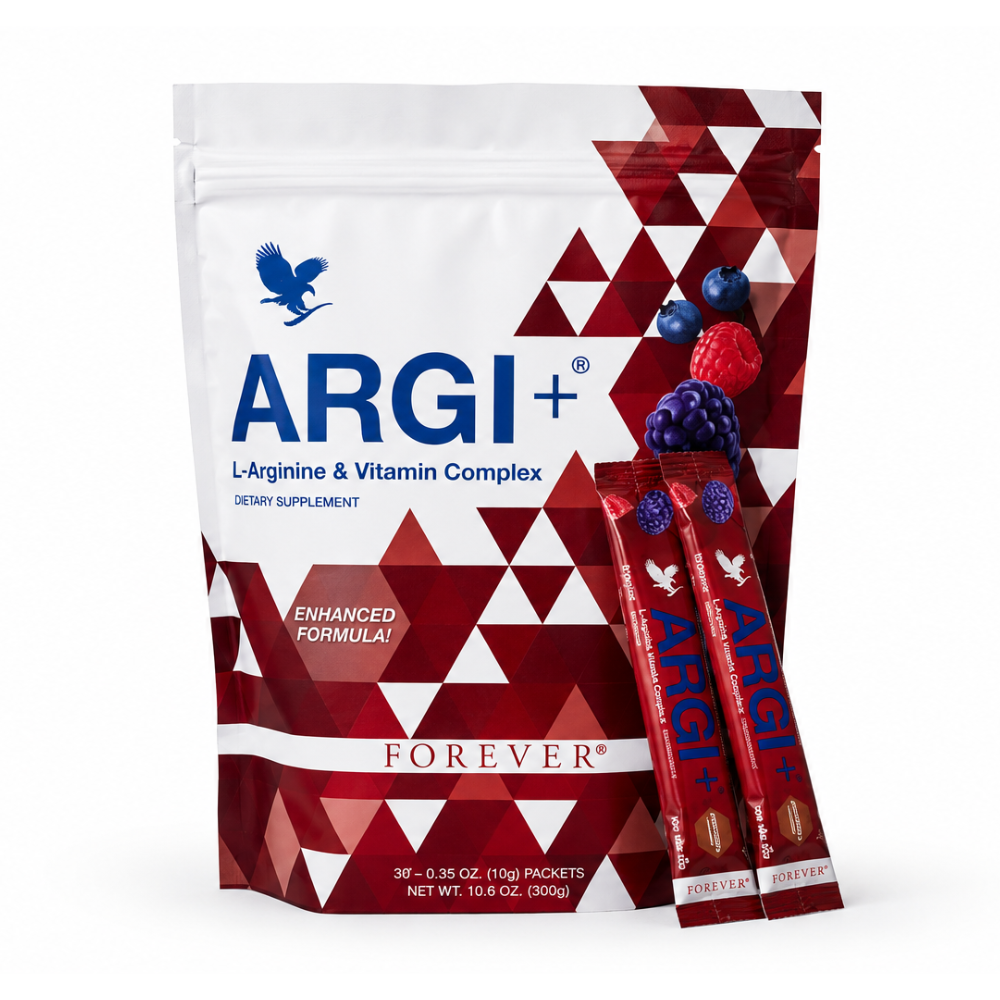 Forever ARGI+™ 30 sachets de 10 g (300 g), complément alimentaire à base de L-arginine, D-ribose, vitamines et extraits de fruits.