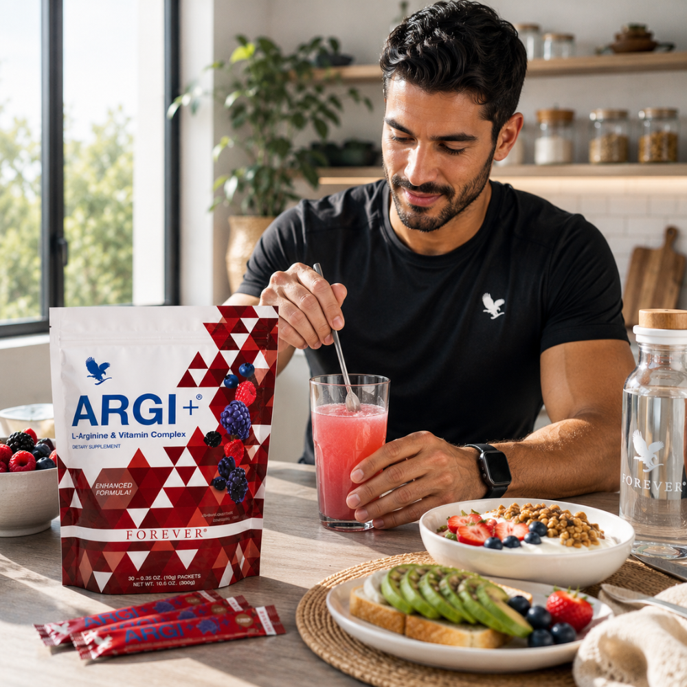 Personne dégustant Forever ARGI+™ au petit-déjeuner dans le cadre d'un mode de vie actif.