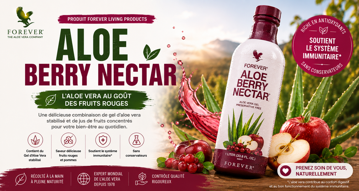 Bannière AloeKorner Maroc présentant Forever Aloe Berry Nectar, boisson à l'aloe vera et aux fruits rouges Forever Living, riche en antioxydants, pour le bien-être quotidien.