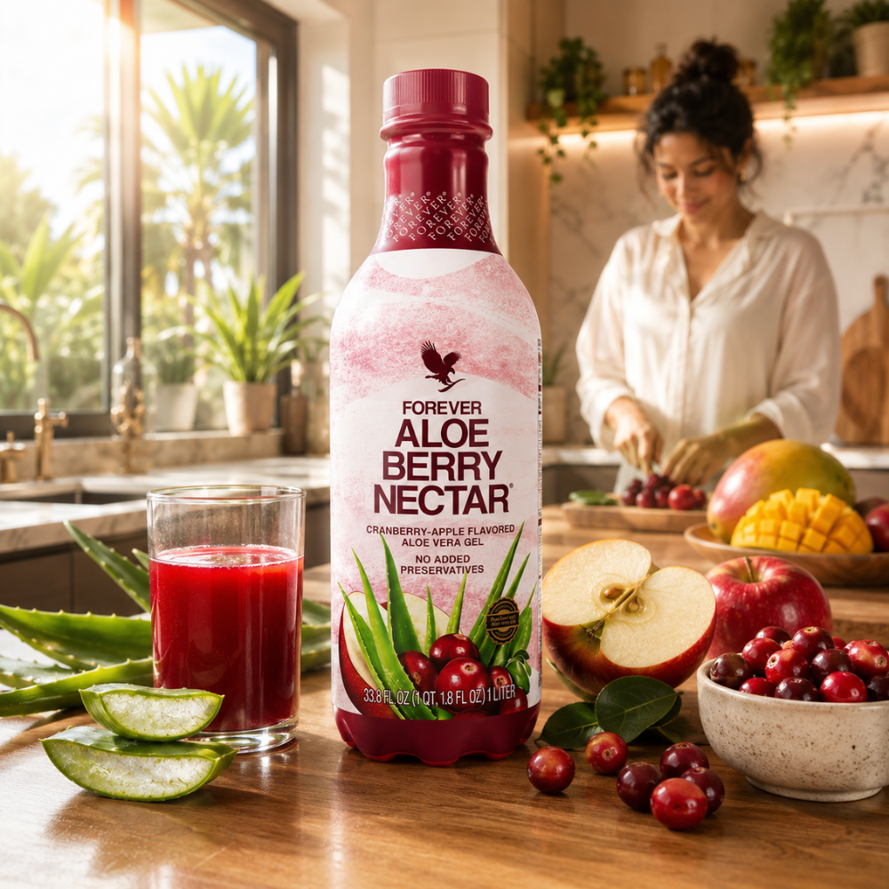 Forever Aloe Berry Nectar 1 L posé sur un plan de travail en bois avec aloe vera, pommes et canneberges dans une cuisine moderne lumineuse