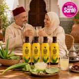 Couple marocain senior partageant un moment de bien-être avec Forever Aloe Vera Gel 1 litre, pack de 4 bouteilles, feuilles d'aloe vera fraîches et gel d'aloe vera stabilisé.