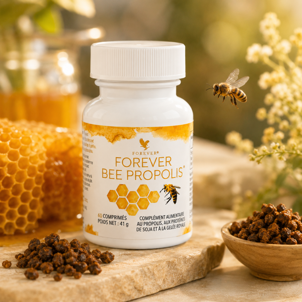 Produit Forever Bee Propolis® Forever Living accompagné de propolis brute, d'un rayon de miel et d'une abeille.