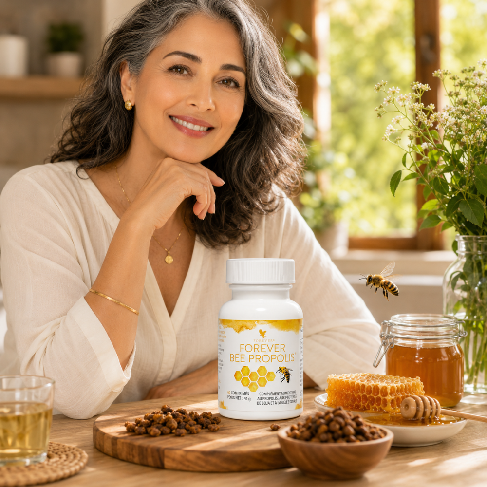 Forever Bee Propolis® mis en scène avec propolis, rayon de miel et abeille dans une composition premium.