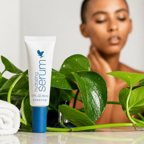 Femme maghrébine appliquant un soin du visage avec Forever Hydrating Serum dans une salle de bain lumineuse au style premium.
