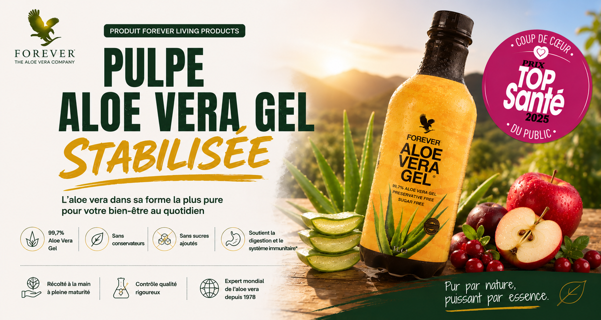 Bannière AloeKorner Maroc présentant Forever Aloe Vera Gel stabilisé, boisson à l'aloe vera Forever Living, avec feuilles d'aloe fraîches et fruits, pour le bien-être quotidien.