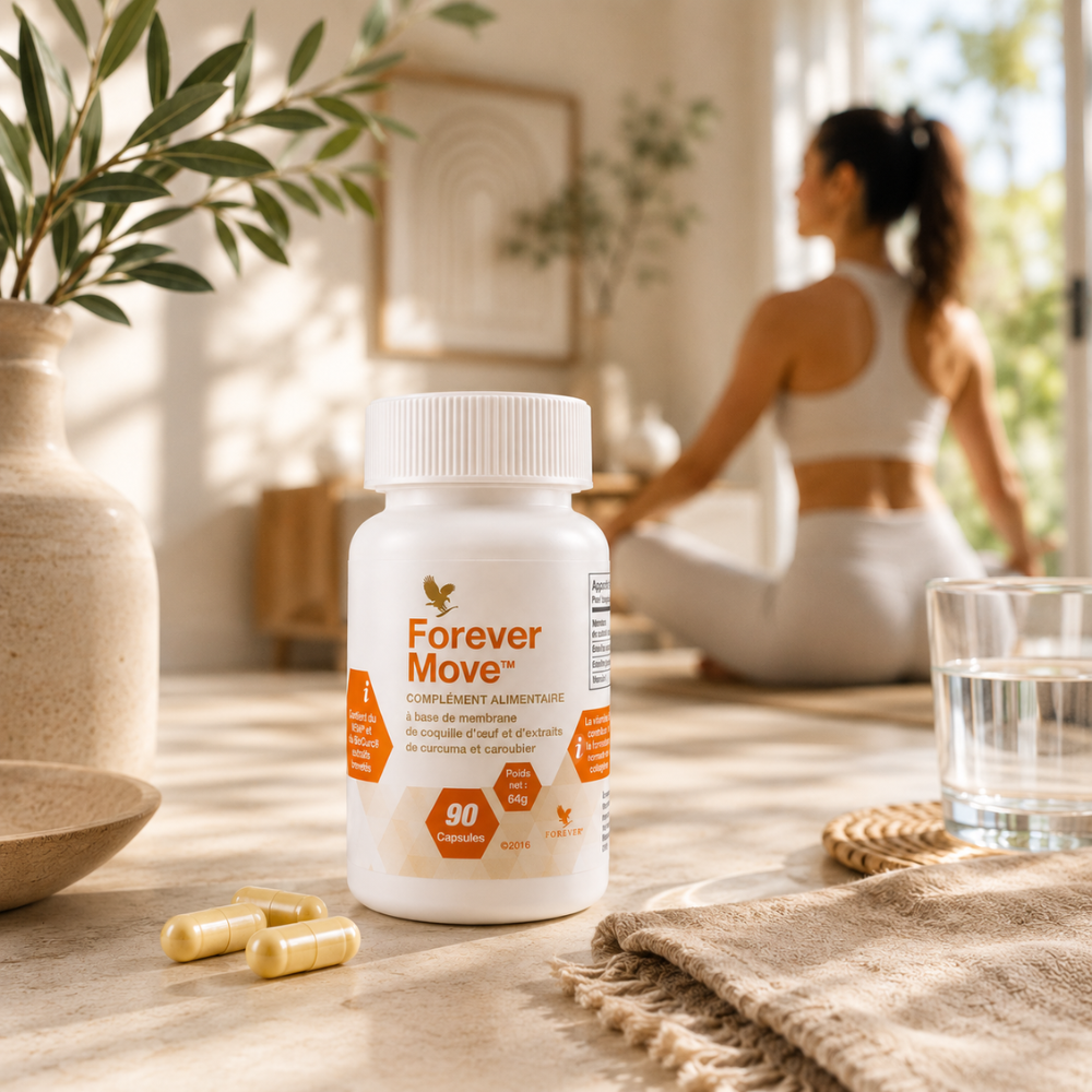 Forever Move™ intégré à une routine bien-être avec capsules et verre d'eau dans un intérieur lumineux.