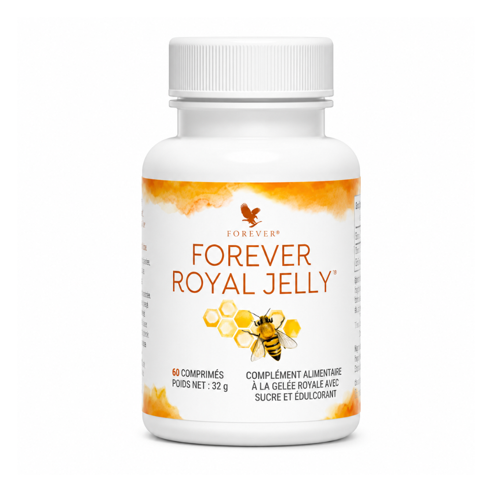 Flacon Forever Royal Jelly® complément alimentaire à la gelée royale lyophilisée sur fond blanc