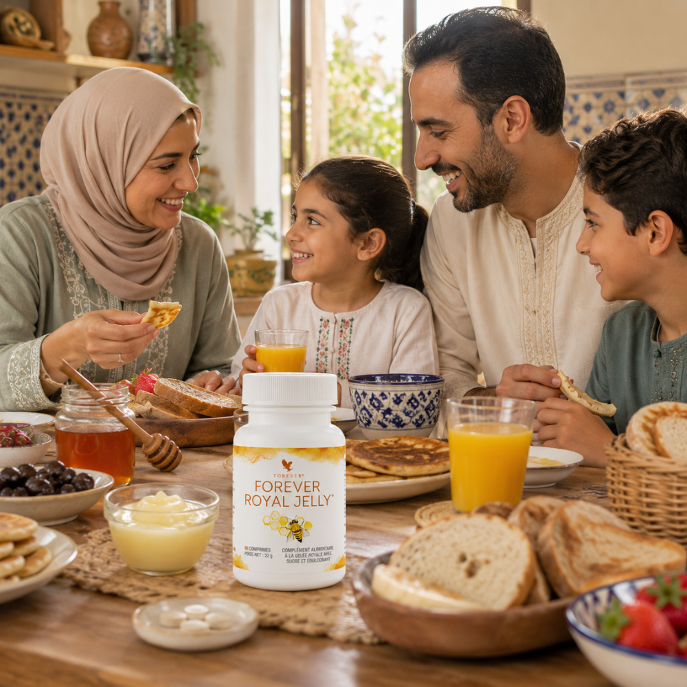 Famille marocaine partageant un petit-déjeuner avec Forever Royal Jelly® au centre de la table