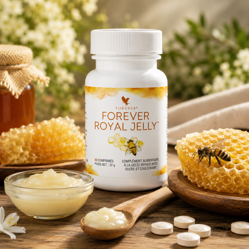 Forever Royal Jelly® présenté dans une décoration naturelle élégante inspirée du bien-être