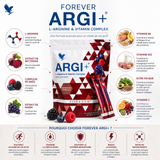 Infographie présentant les principaux ingrédients de Forever ARGI+™ : L-arginine, D-ribose, vitamines et extraits de fruits.