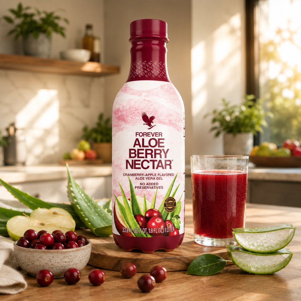 Forever Aloe Berry Nectar 1 litre - bouteille officielle de gel d'aloe vera stabilisé saveur pomme et canneberge sur fond blanc