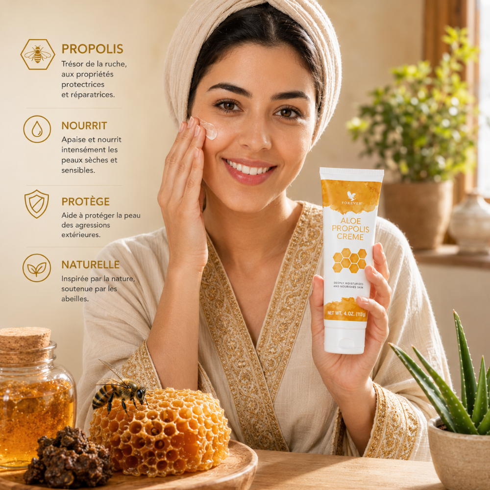 Produit Aloe Propolis Crème Forever Living en ambiance spa avec propolis et abeille