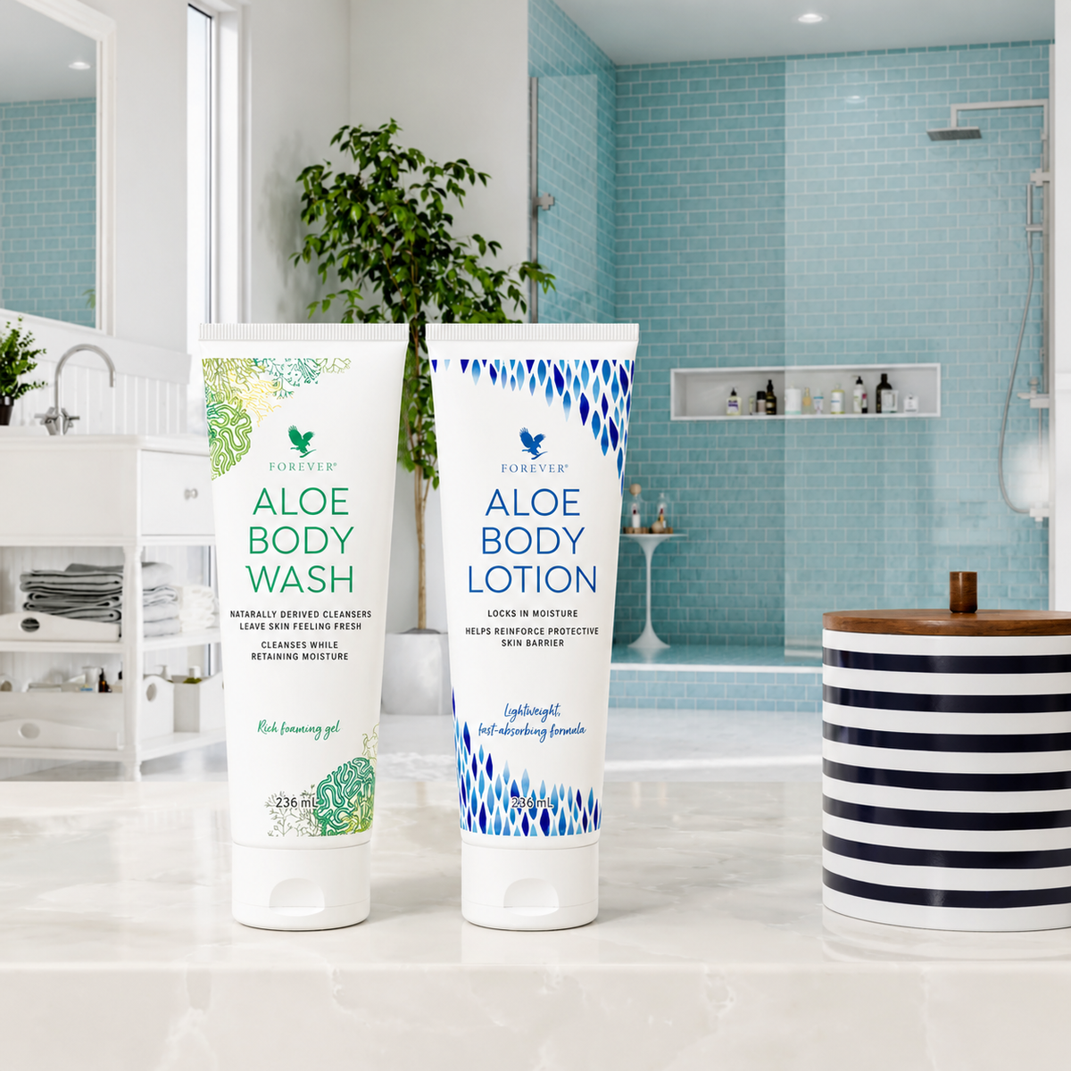 Forever Aloe Body Wash et Aloe Body Lotion, routine de soin du corps associant nettoyage délicat et hydratation quotidienne.