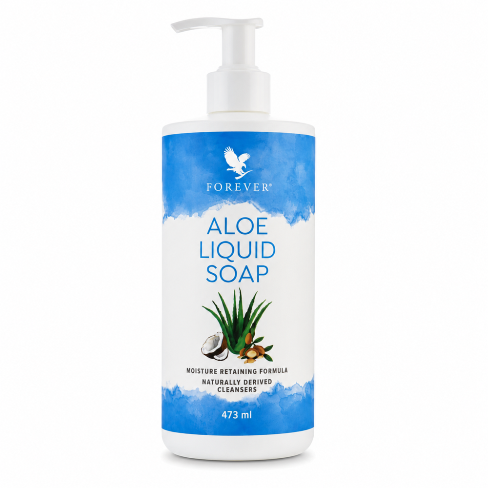Aloe Liquid Soap™ Forever 473 ml, savon liquide hydratant à l'Aloe Vera, huile d'argan et jojoba sur fond blanc