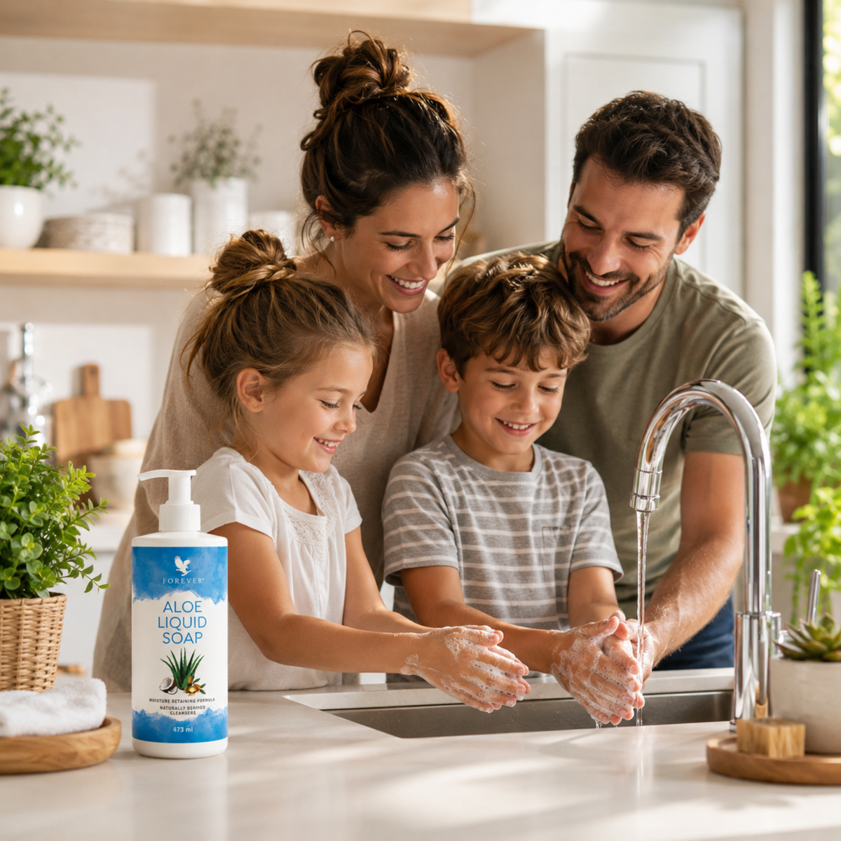 Famille utilisant Aloe Liquid Soap™ Forever pour le lavage des mains dans une cuisine lumineuse