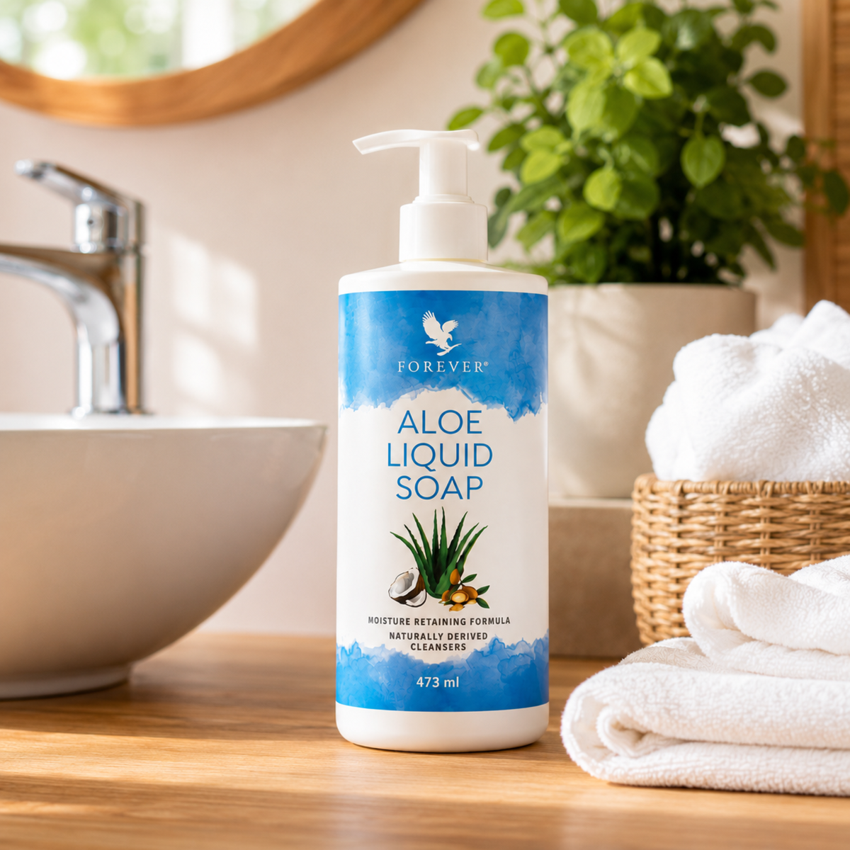 Aloe Liquid Soap™ Forever posé près d'un lavabo dans une salle de bain moderne avec serviettes blanches et plante verte