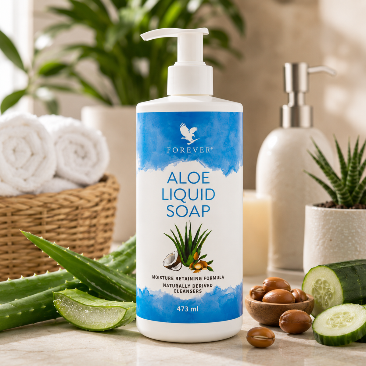 Aloe Liquid Soap™ Forever présenté avec feuilles d'Aloe Vera, huile d'argan et concombre dans une ambiance spa naturelle