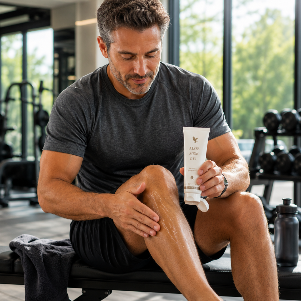 Homme appliquant Aloe MSM Gel® Forever sur le genou après une séance de sport en salle.