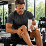 Homme appliquant Aloe MSM Gel® Forever sur le genou après une séance de sport en salle.
