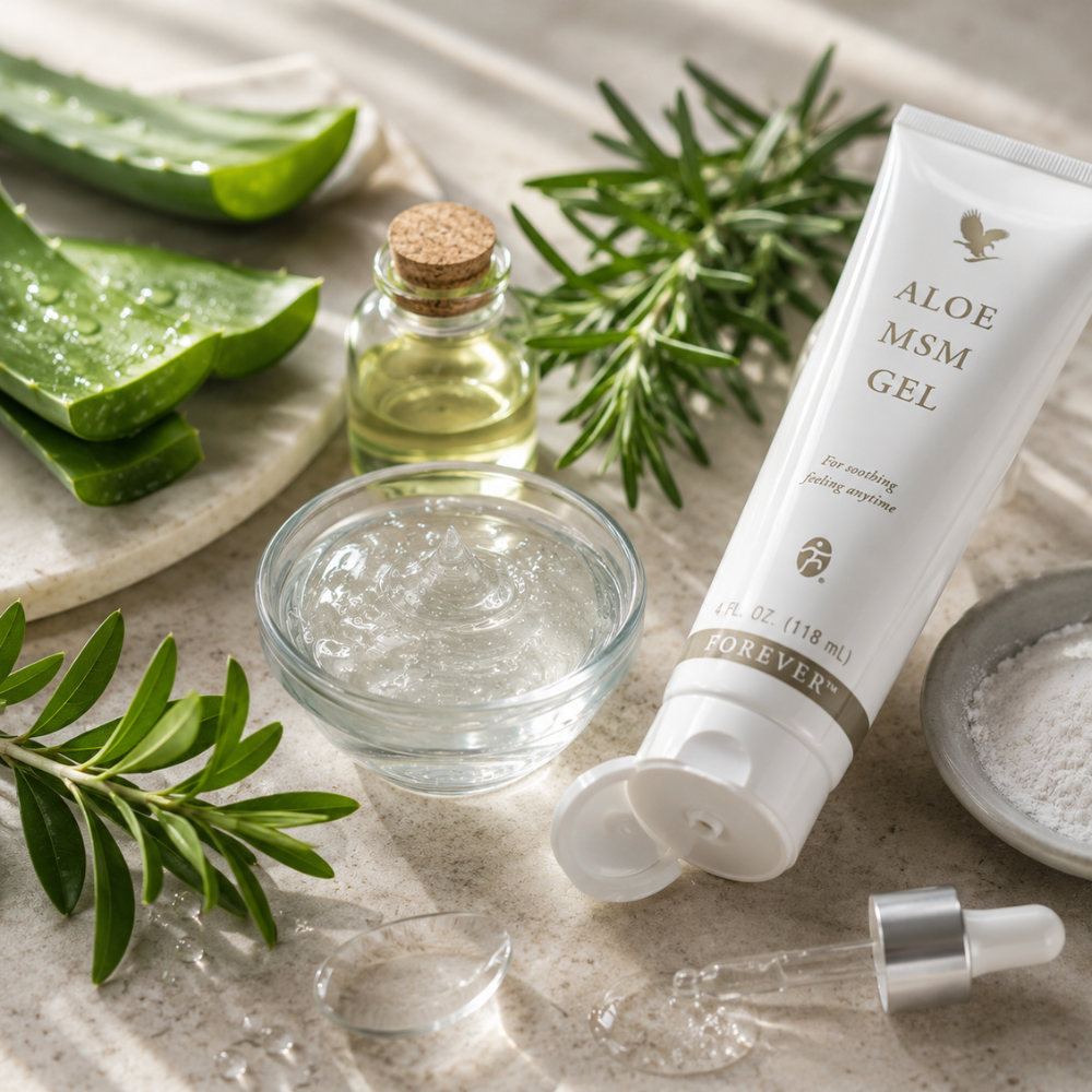 Tube Aloe MSM Gel® Forever avec Aloe vera, romarin, gel transparent et ingrédients naturels.