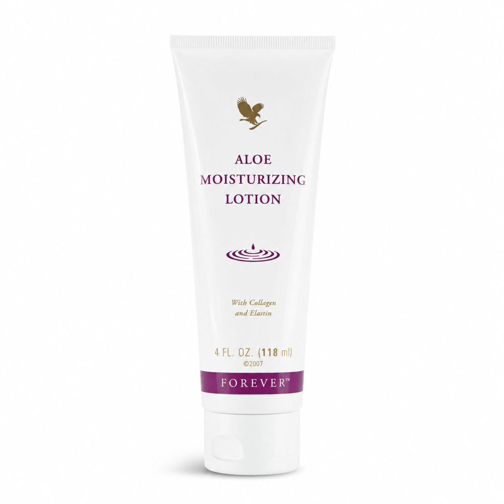Crème Visage et Corps Aloès Forever à l'Aloe Vera, collagène et élastine sur fond blanc