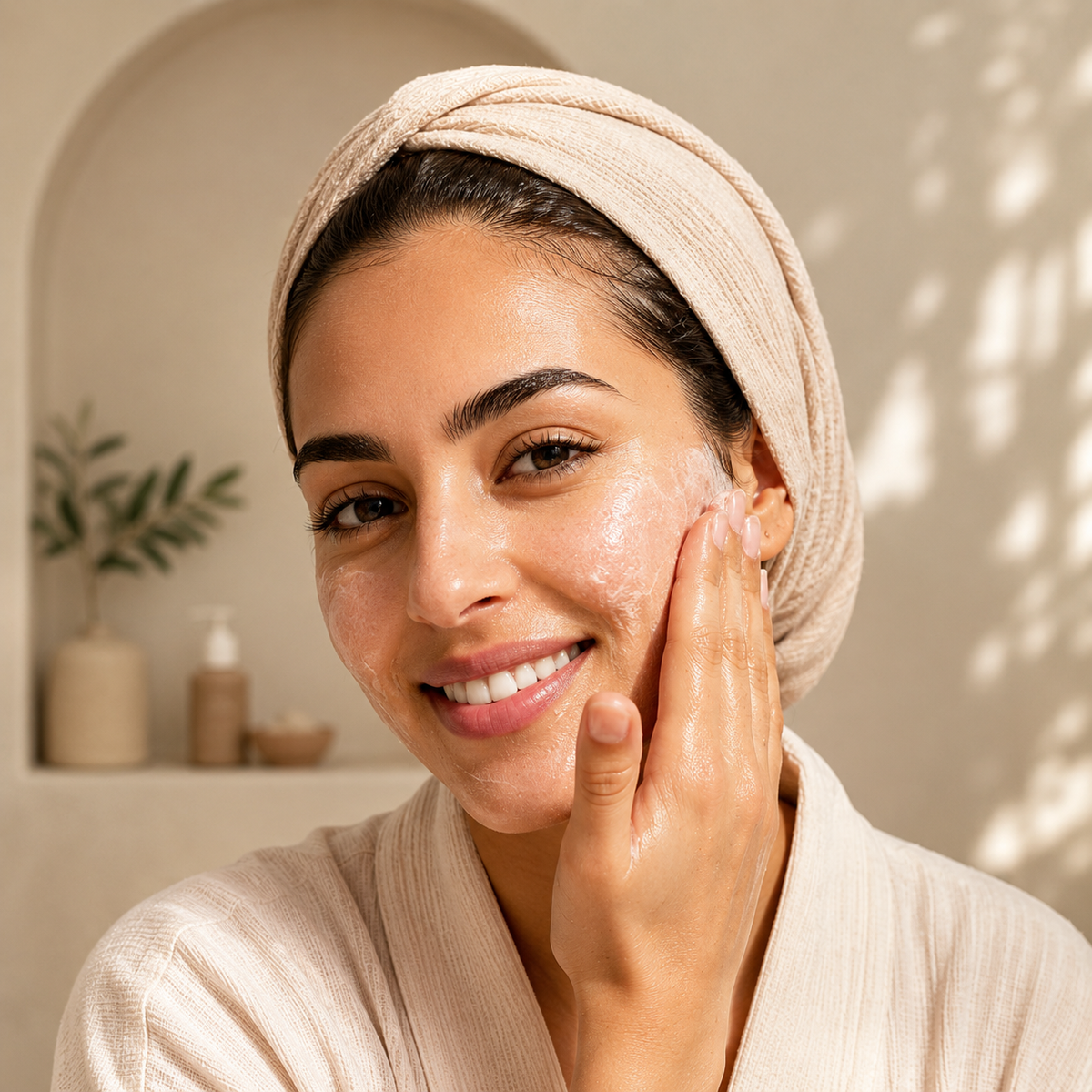 Femme maghrébine nettoyant son visage avec le Gel Nettoyant Logic by Forever™ à l'Aloe Vera lors de sa routine de soin quotidienne