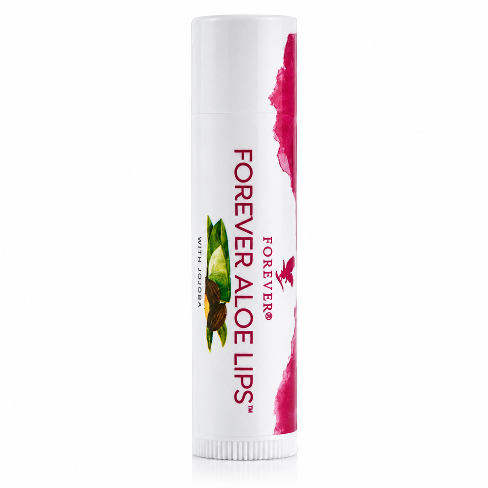 Forever Aloe Lips, baume à lèvres à l’Aloe vera et au jojoba sur fond blanc