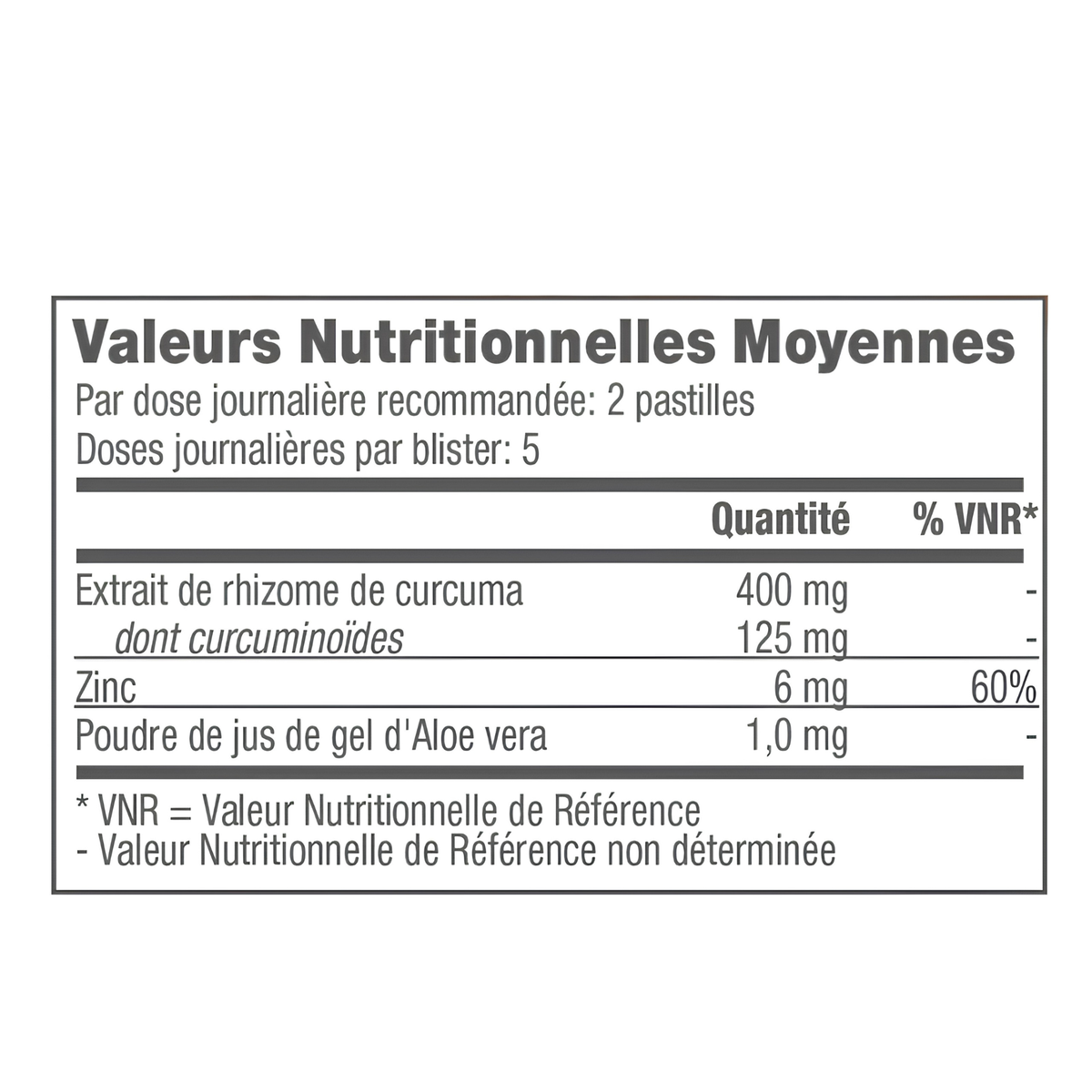 Valeurs nutritionnelles de Forever AloeTurm™ avec extrait de curcuma, zinc et poudre de gel d'aloe vera