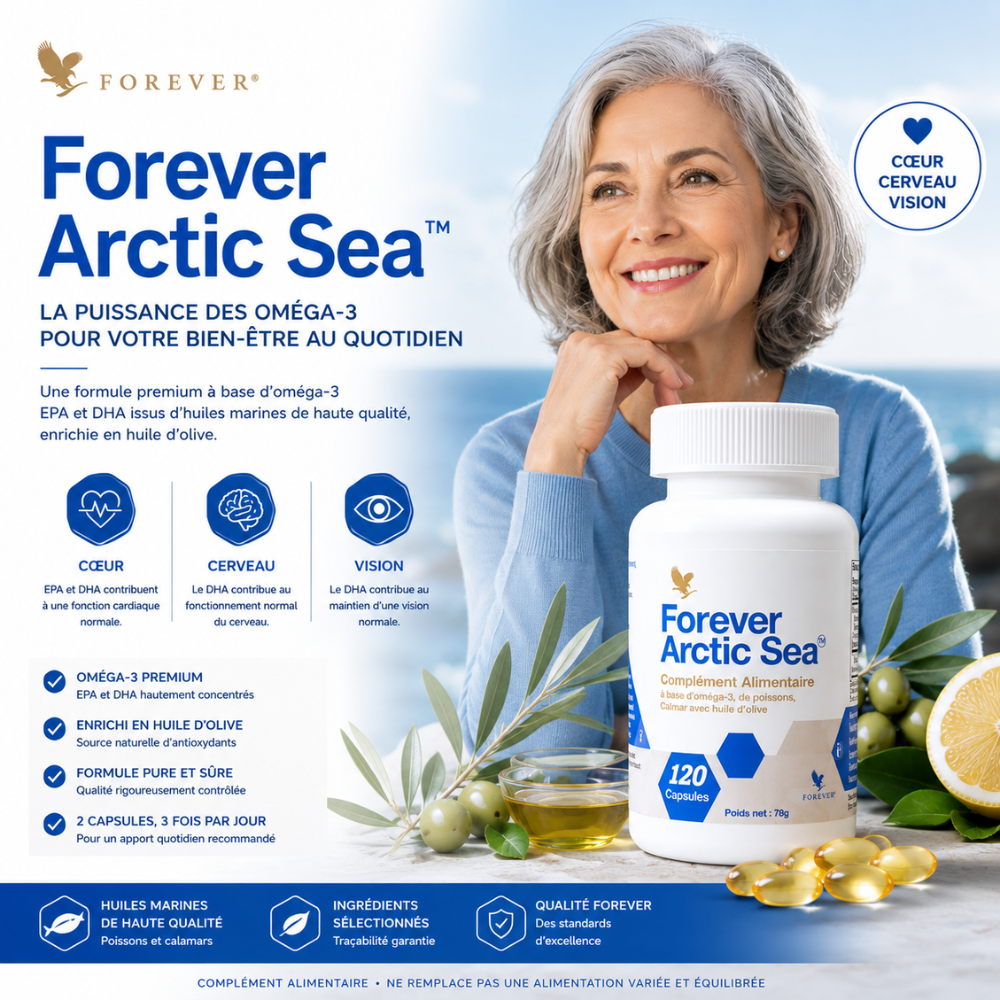 Forever Arctic Sea™ avec femme senior marocaine - complément Oméga-3 contribuant au fonctionnement normal du cœur, du cerveau et au maintien d'une vision normale