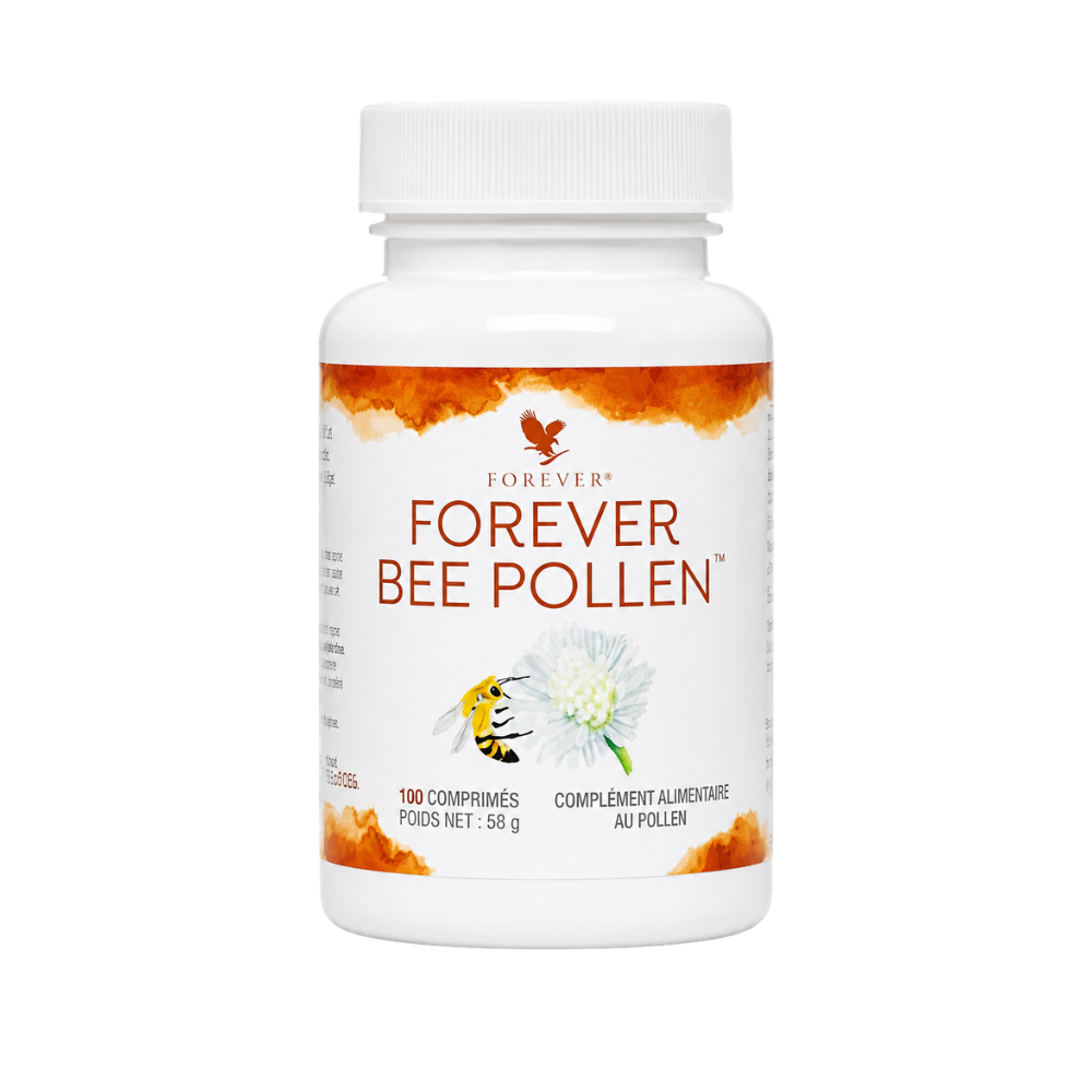 Forever Bee Pollen® de Forever Living, complément alimentaire à base de pollen d'abeille naturel, présenté en packshot premium sur fond blanc avec étiquette parfaitement visible.