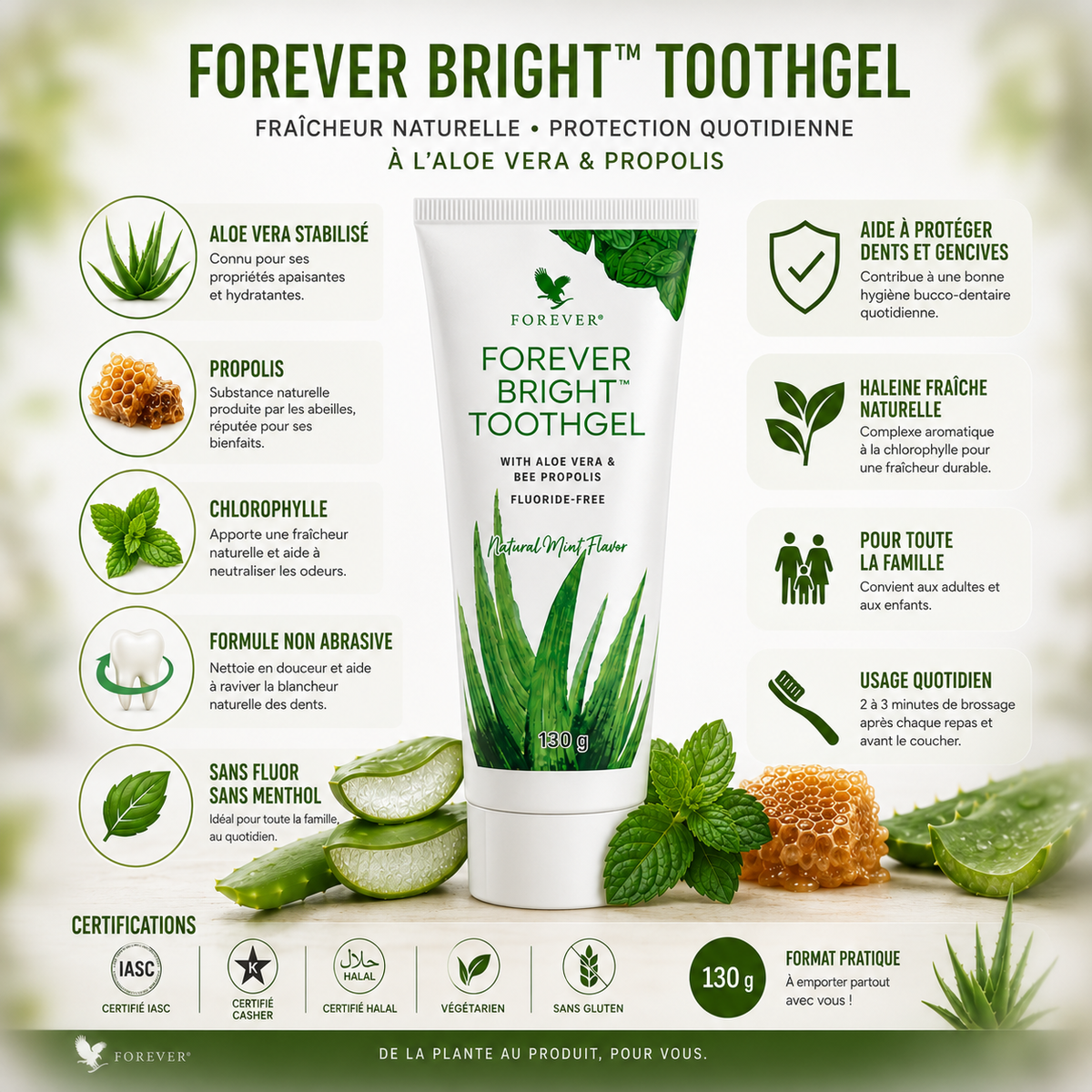 Infographie Forever Bright™ Toothgel présentant les ingrédients, certifications et caractéristiques principales