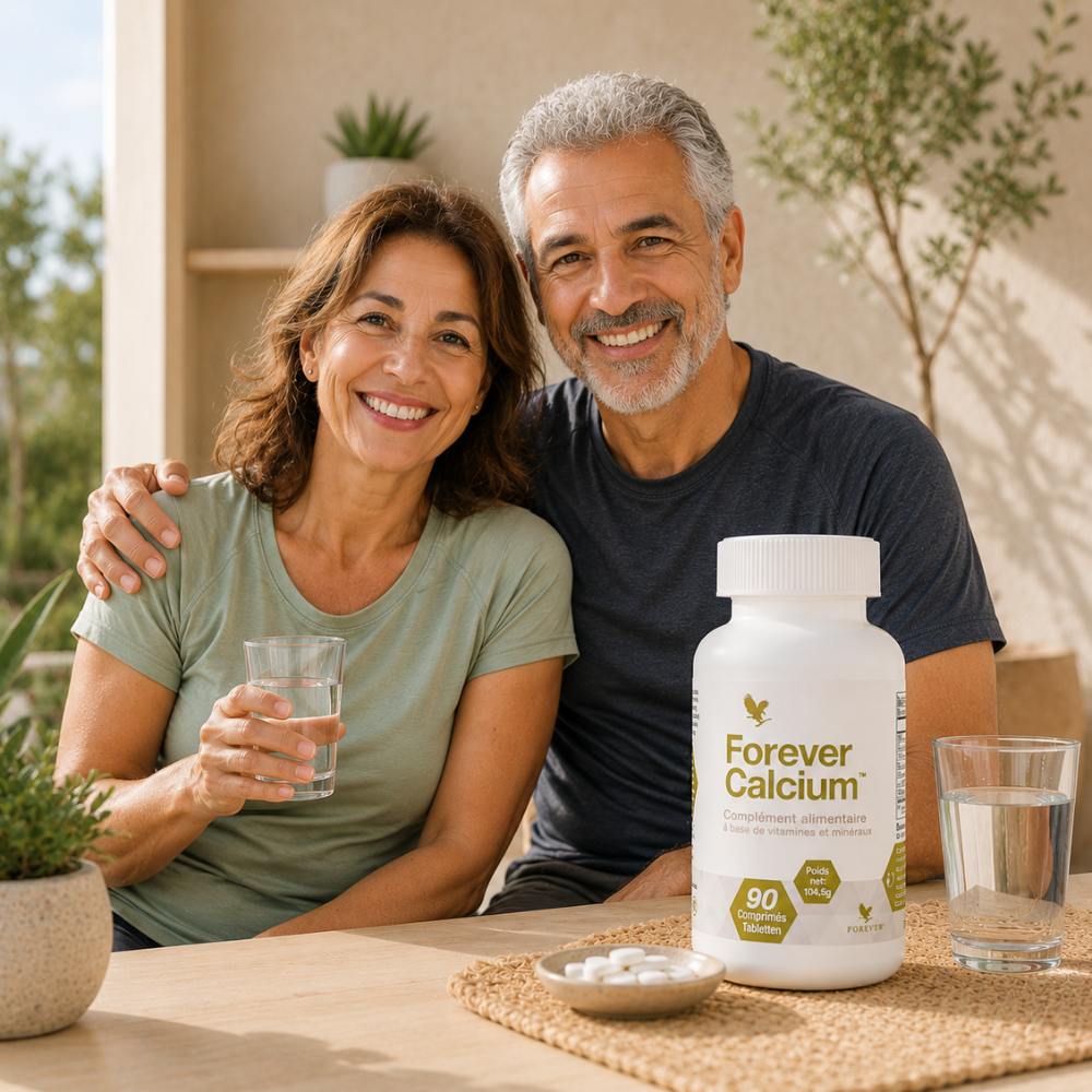 Couple souriant partageant un moment de bien-être avec Forever Calcium™ et un verre d'eau.