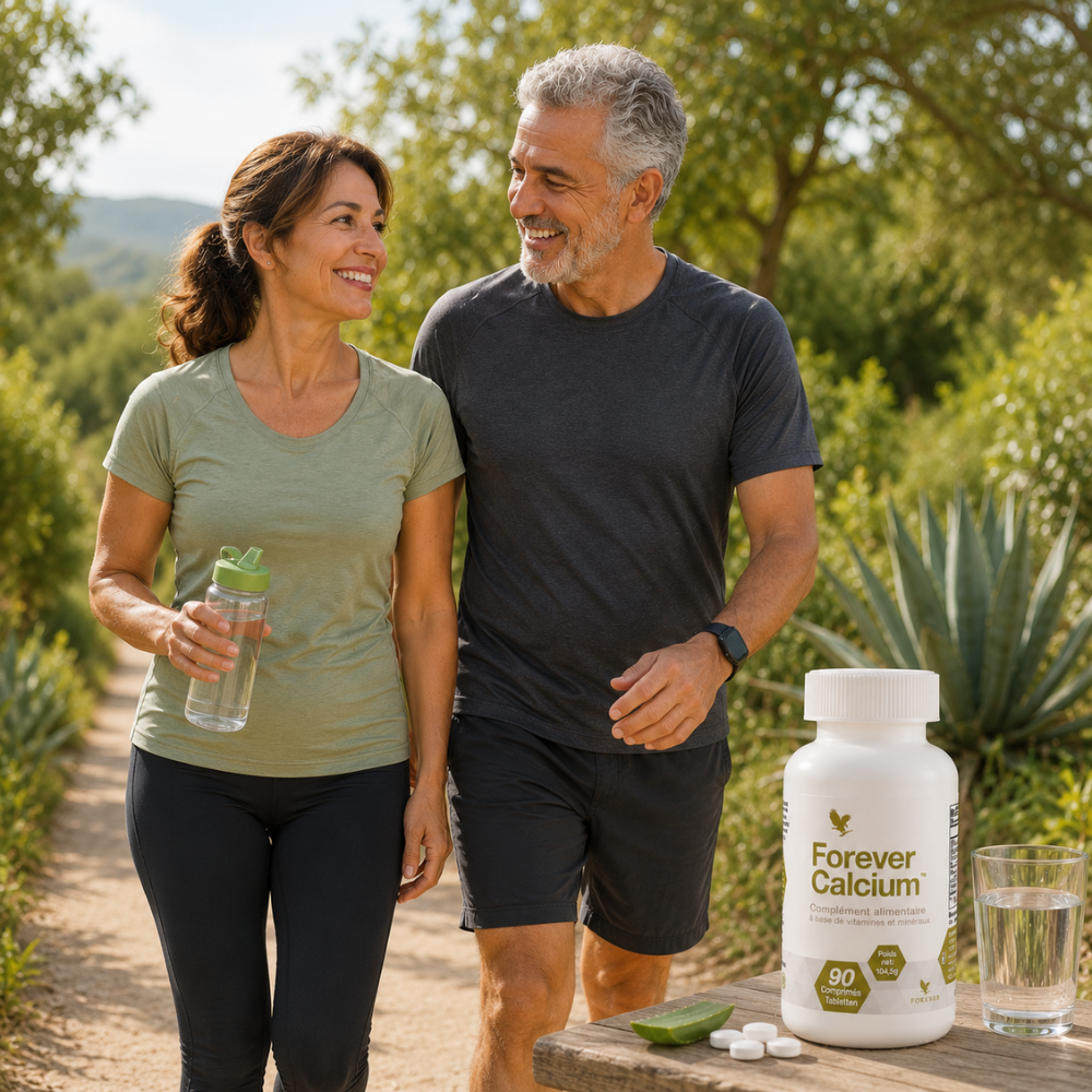 Couple senior actif marchant en pleine nature avec Forever Calcium™ dans un mode de vie sain et actif.