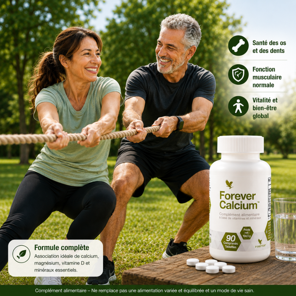 Couple actif pratiquant une activité physique avec Forever Calcium™, complément alimentaire à base de calcium, magnésium et vitamine D.