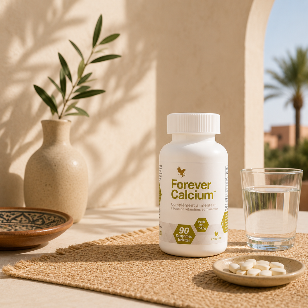 Flacon Forever Calcium™ présenté sur une table avec un verre d'eau et des comprimés dans une ambiance naturelle et épurée.