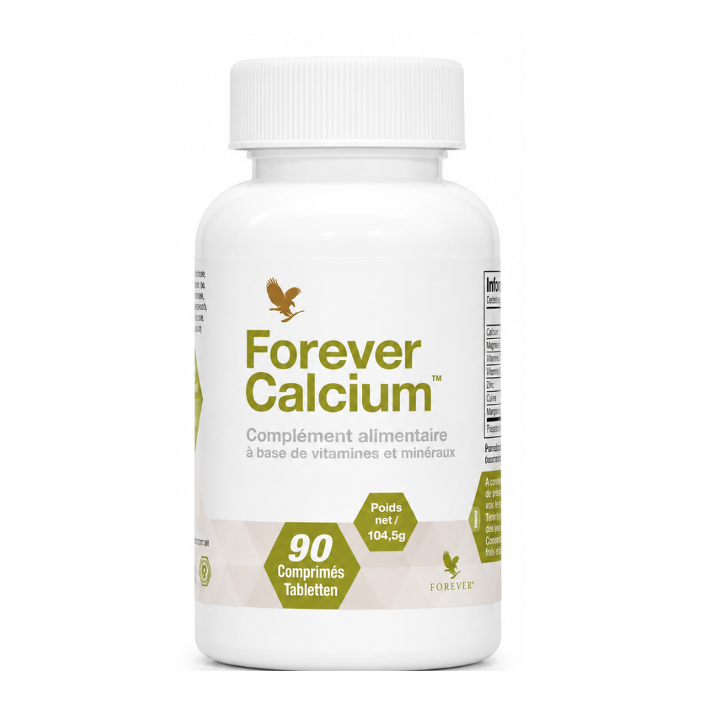 Flacon officiel Forever Calcium™ 90 comprimés, complément alimentaire à base de calcium, magnésium, vitamine C et vitamine D.
