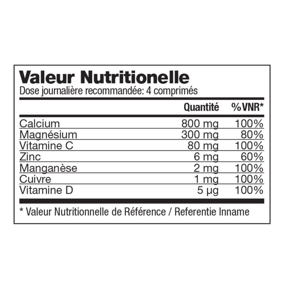 Tableau des valeurs nutritionnelles de Forever Calcium™ avec calcium, magnésium, vitamine C, vitamine D, zinc, cuivre et manganèse.