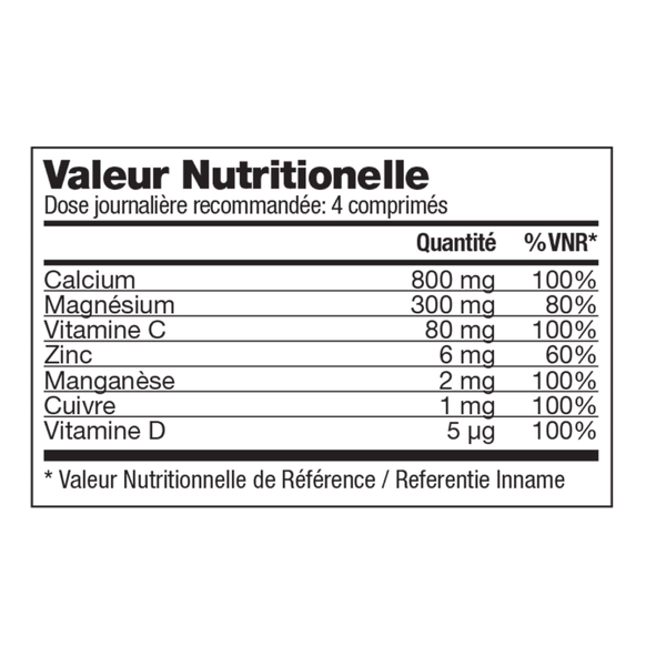 Tableau des valeurs nutritionnelles de Forever Calcium™ avec calcium, magnésium, vitamine C, vitamine D, zinc, cuivre et manganèse.