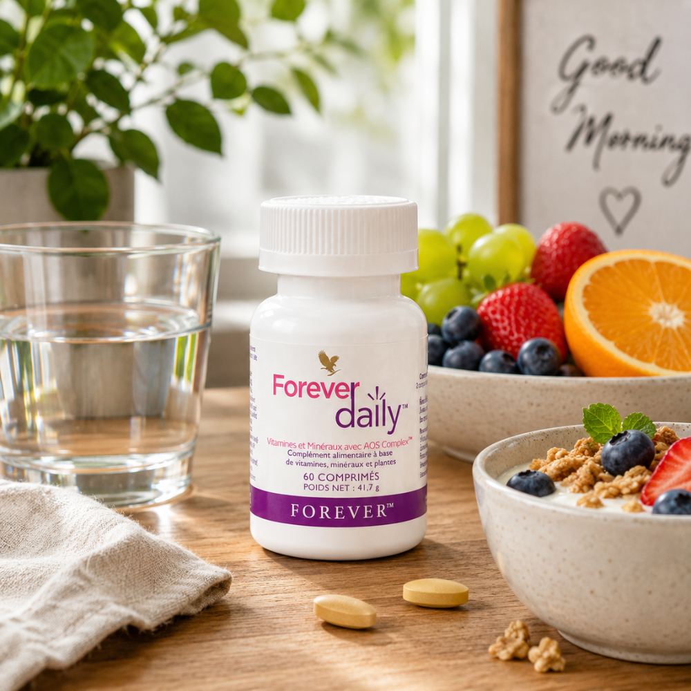 Forever Daily sur table de petit-déjeuner avec fruits frais, eau et routine bien-être